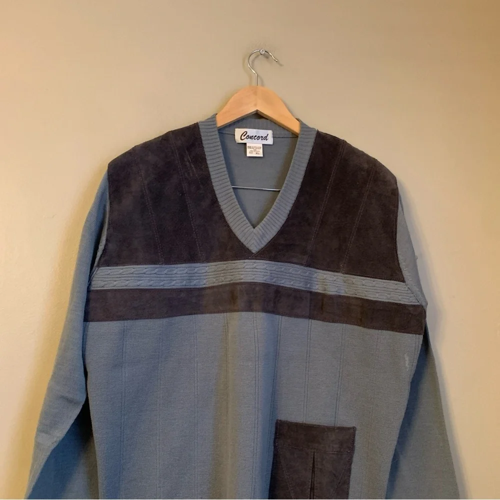 Vintage Concord Genuine Leather Trim Acrylic Knit Sweater V Neck Sz XL 70’s 80’l